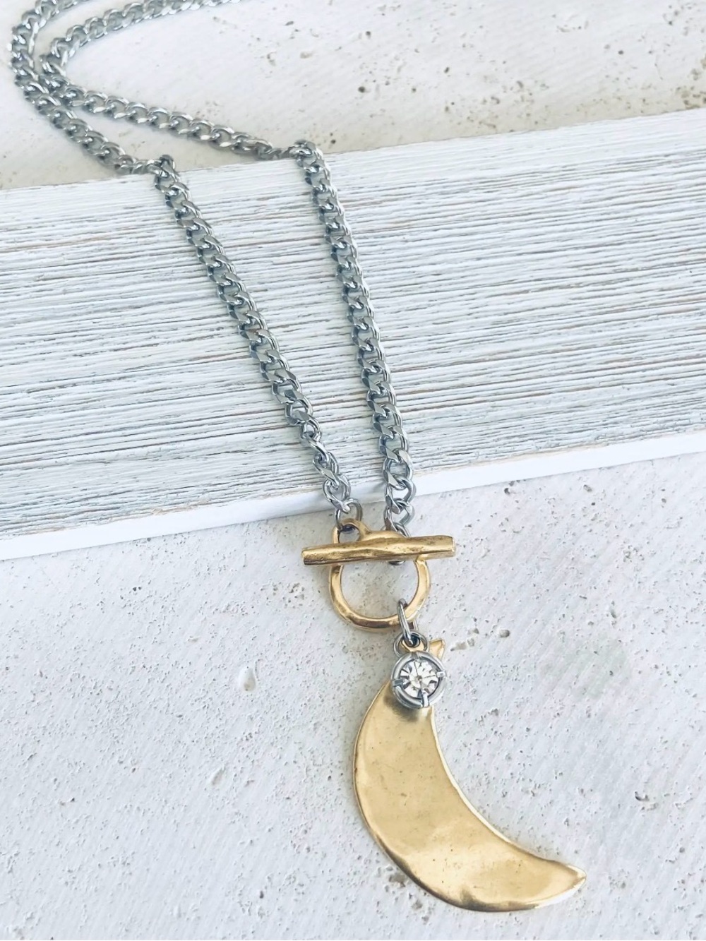 Two-Tone Crescent Moon Toggle Necklace with Crystal